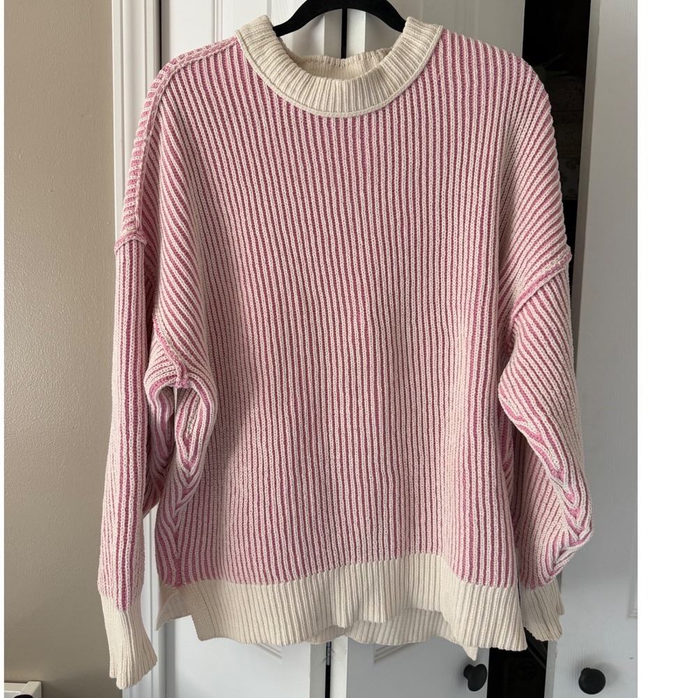 Aerie Beyond Chenille Sweater Womens Medium Pink Cream Striped Ribbed Oversized - Picture 2 of 6